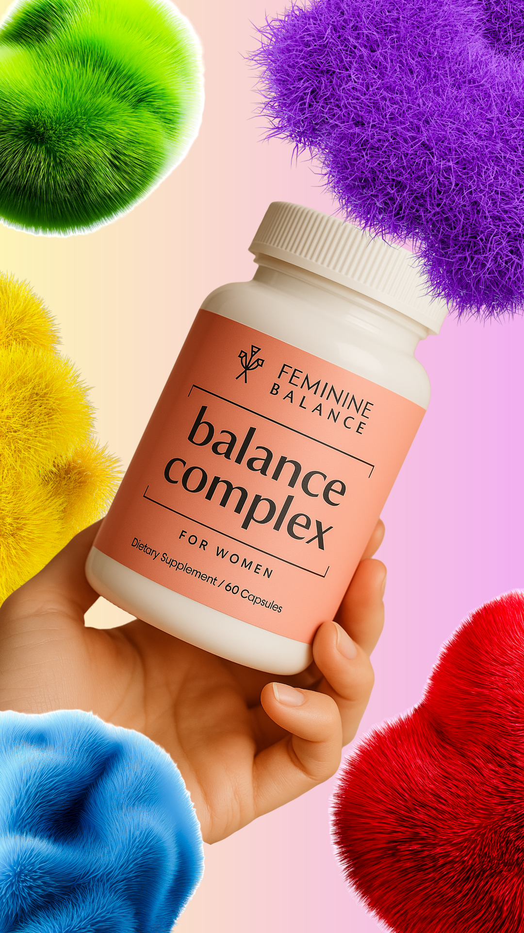 A hand holding a Balance Complex bottle surrounded by colorful fluffy textured shapes
