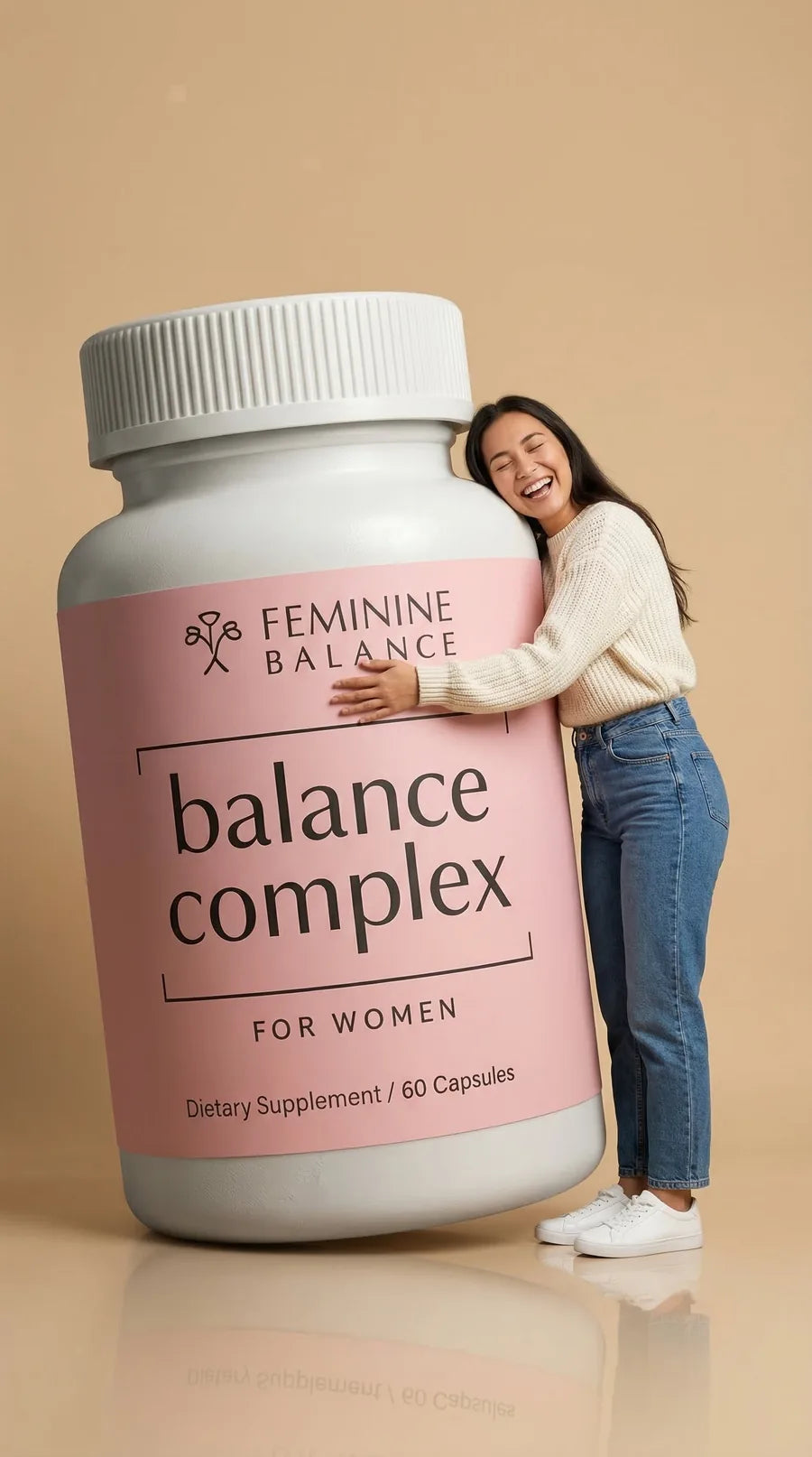 A woman in a cream sweater laughing as she hugs an oversized Balance Complex bottle in warm studio light