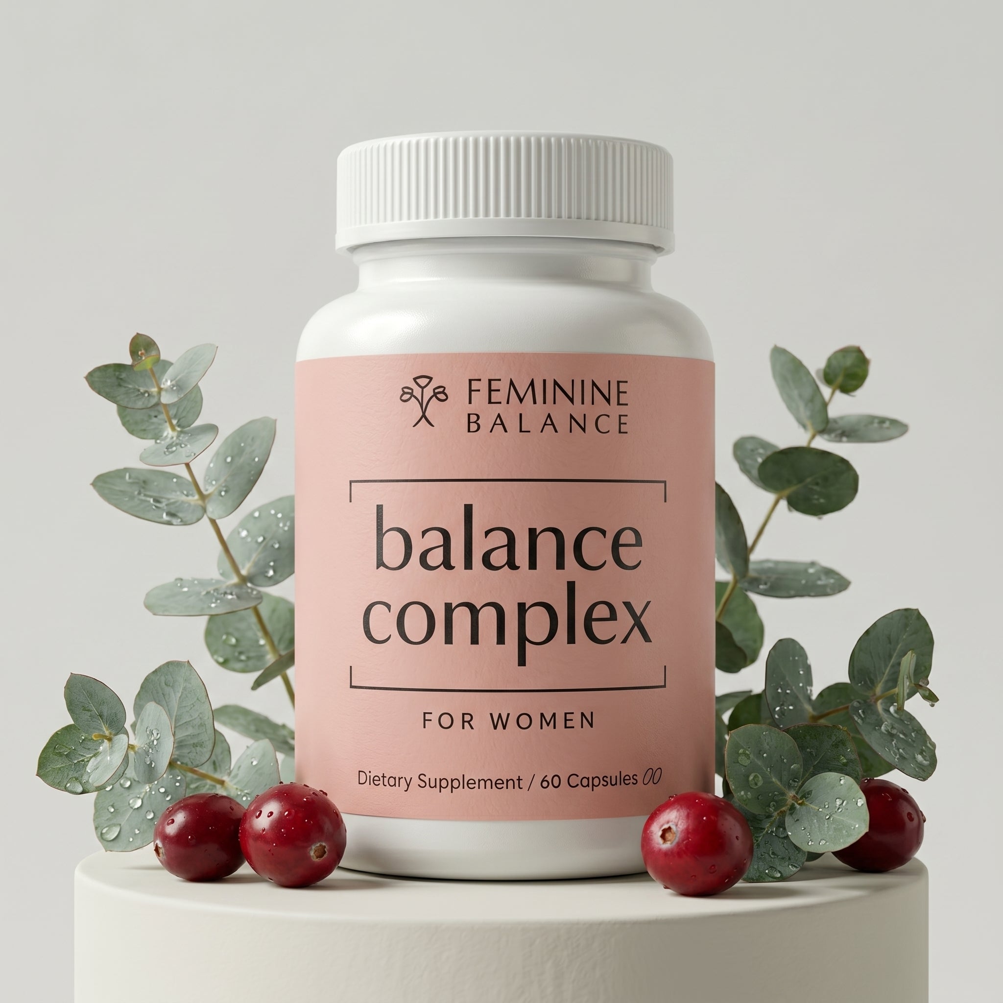 Balance Complex bottle on a white pedestal with eucalyptus and cranberries on a soft neutral background
