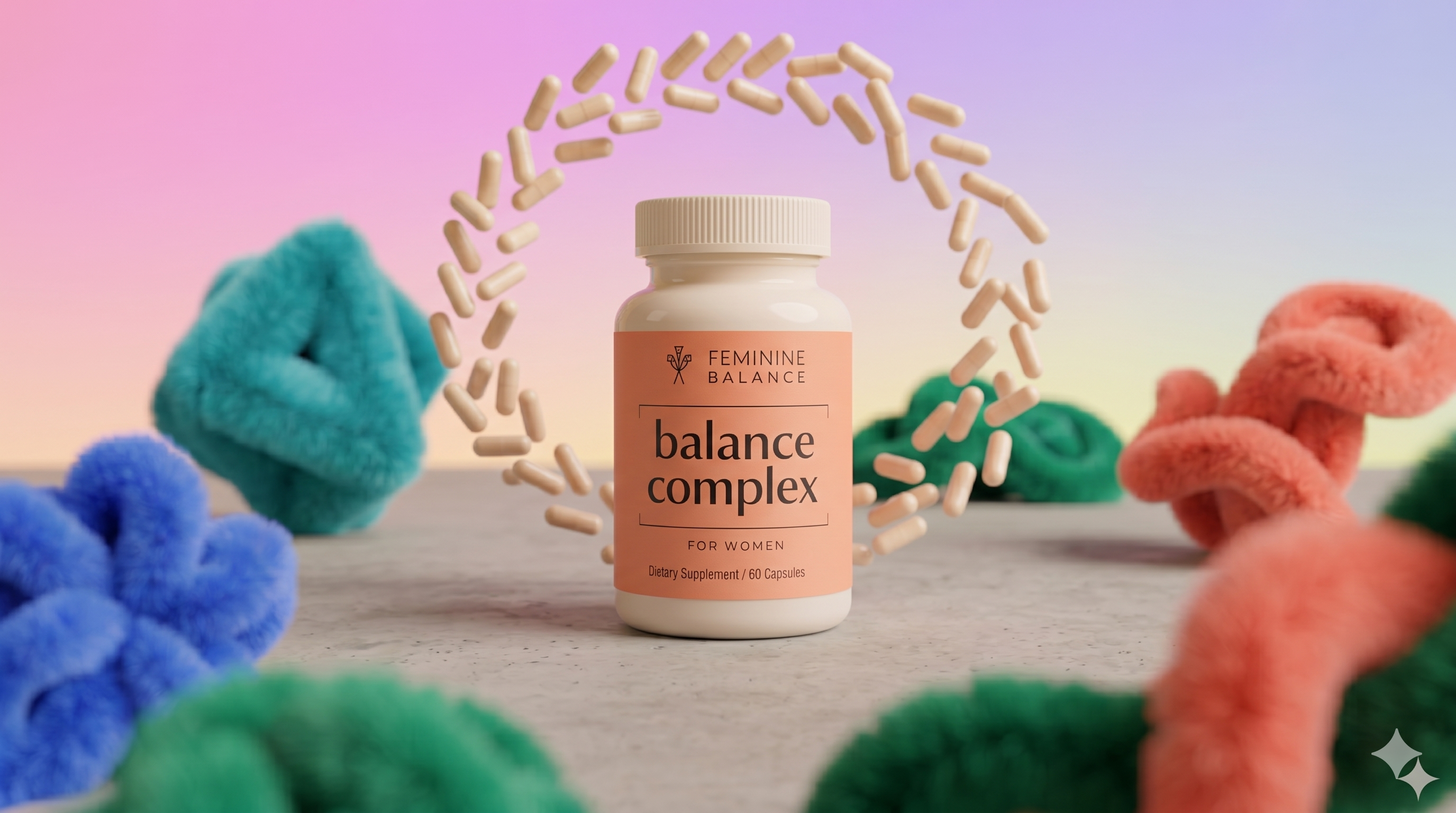 Balance Complex bottle centered with a halo of capsules and colorful fluffy textured shapes around it